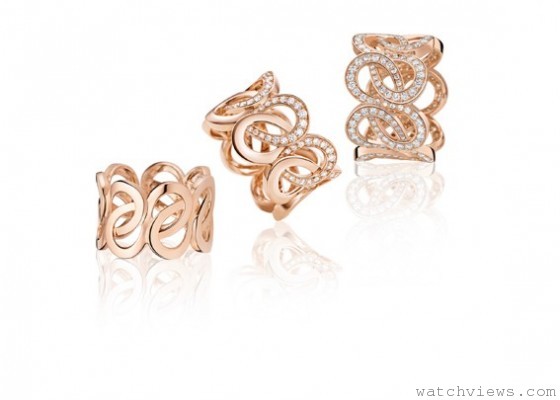 (隋棠佩戴款)萬寶龍摩納哥葛莉絲王妃系列高級珠寶編織花瓣玫瑰金花環戒指，左至右NT$74,500、NT$267,800、價格未定