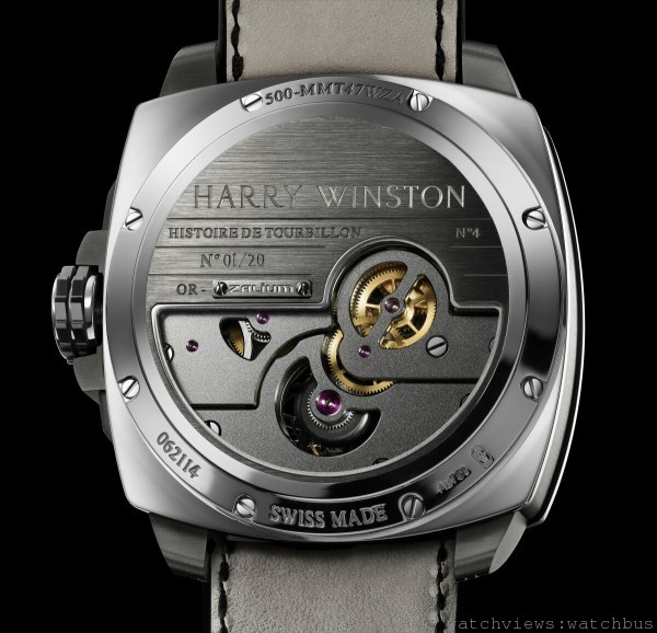 Histoire de Tourbillon 史詩陀飛輪4號腕錶採用半開放式錶背，具藍寶石水晶玻璃，18K白金材質鋯合金材質(Zalium™)主機板，經DLC鍍層