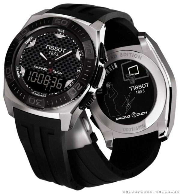 TISSOT Racing-Touch Tony Parker 限量腕錶，瑞士石英計時機芯，觸控式藍寶石水晶鏡面，316L精鋼PVD黑色鍍層錶殼，搭載旋轉式錶圈，黑色橡膠錶帶搭配摺疊式錶扣，11項觸控感應功能，電池能量耗盡指示，防水深度100米，全球限量4,999只，建議售價: NT$ 20,400。