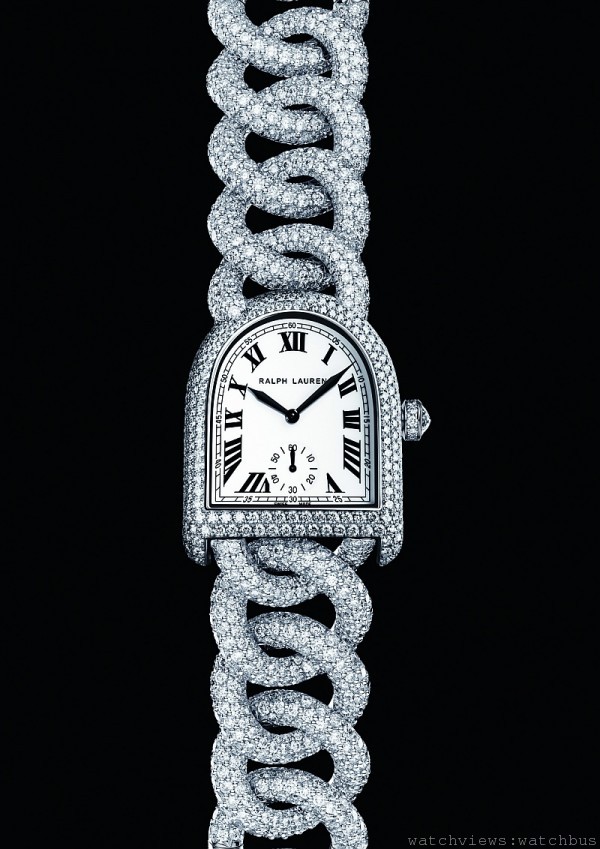 Stirrup Diamond Link 中型鑲鑽腕錶，不鏽鋼錶殼， 時、分、秒，RL701手上.鍊機芯，不鏽鋼鍊 帶，錶殼、錶鍊密鑲1900多顆鑽 石。