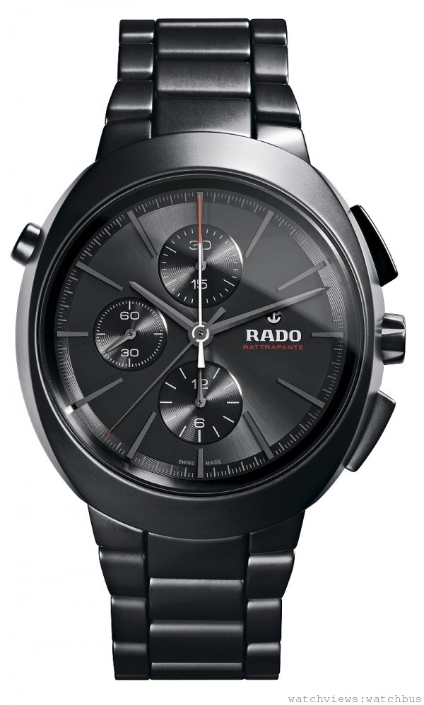 雷達表(RADO) D-Star系列高科技陶瓷雙追針計時腕錶(限量錶) ，霧面黑色高科技陶瓷錶殼、錶冠，100米防水功能，ETA 7770計時機芯，鑲嵌29顆寶石，動力儲存48小時，NTD 210,200。
