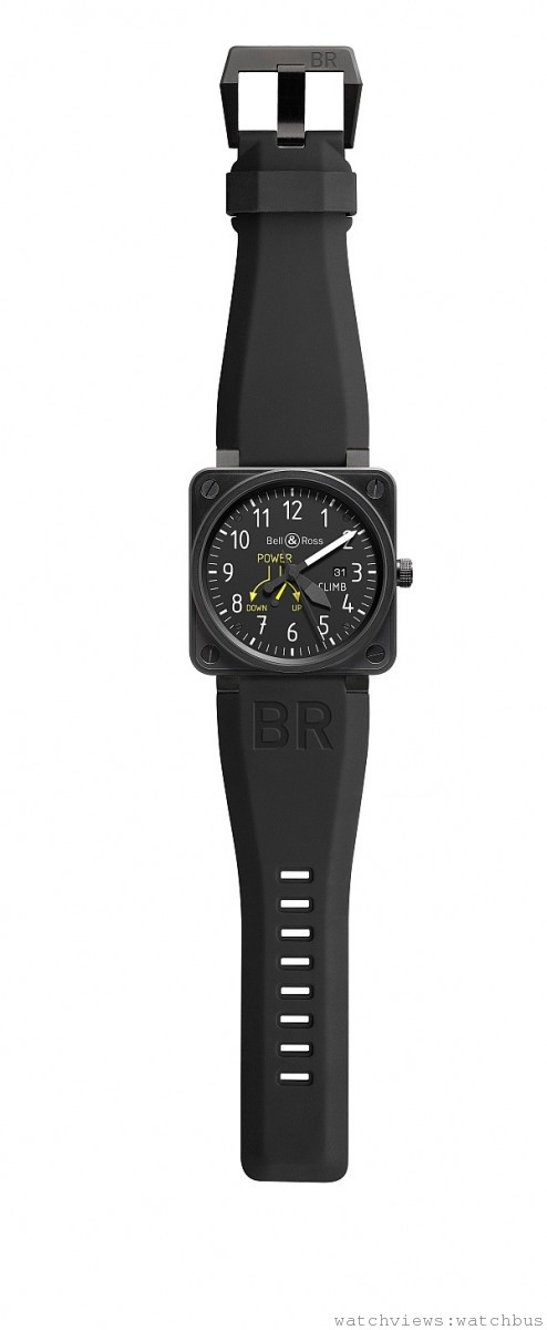 BROl-97 CLlMB(垂直速率表)，黑色PVD不銹鋼材質錶殼，直徑46mm，ETA 2897自動上鍊機芯，時、分、秒，日期黑色錶盤，日期顯時於3點鐘方位，黃色動力存指示於9點鐘方向。指針、時標與日期皆採夜光塗層，藍寶石水晶玻璃，防水100公尺，橡膠錶帶與超耐磨帆布錶帶。