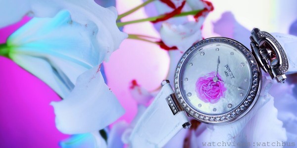 Amadeo Mille Fleurs 珍珠母貝彩繪花朵腕錶─ " 牡丹"，18K白金Amadeo三用錶殼，錶徑39毫米，珍珠母貝彩繪面盤，時、分顯示，11BA13自動上鍊機芯，藍寶石水晶鏡面及透明底蓋，防水30米。