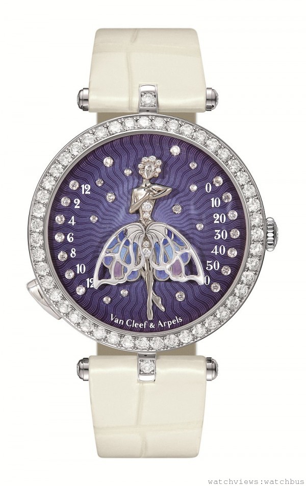 Lady Arpels Ballerine Enchantee腕錶，18K白金錶殼，鑲鑽錶圈，琺瑯面盤，鱷魚皮錶帶。 