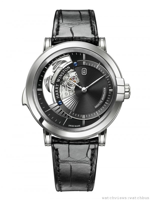 海瑞溫斯頓靜夜Midnight Minute Repeater系列三問功能腕錶，18K白金錶殼，錶徑42毫米，時、分、三問功能，HW1006手上鍊機芯，鱷魚皮錶帶，限量20只。