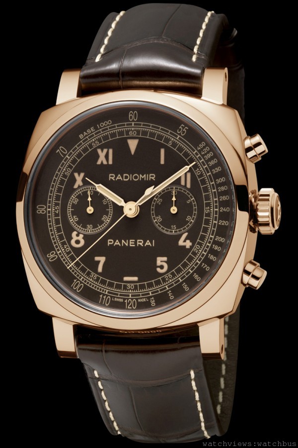 Radiomir 1940計時碼錶，PAM00520，18K紅金錶殼，錶徑45毫米，時、分、小秒針、計時碼錶，OPXXV手上鍊機芯，防水50米，鱷魚皮錶帶，限量 100只。