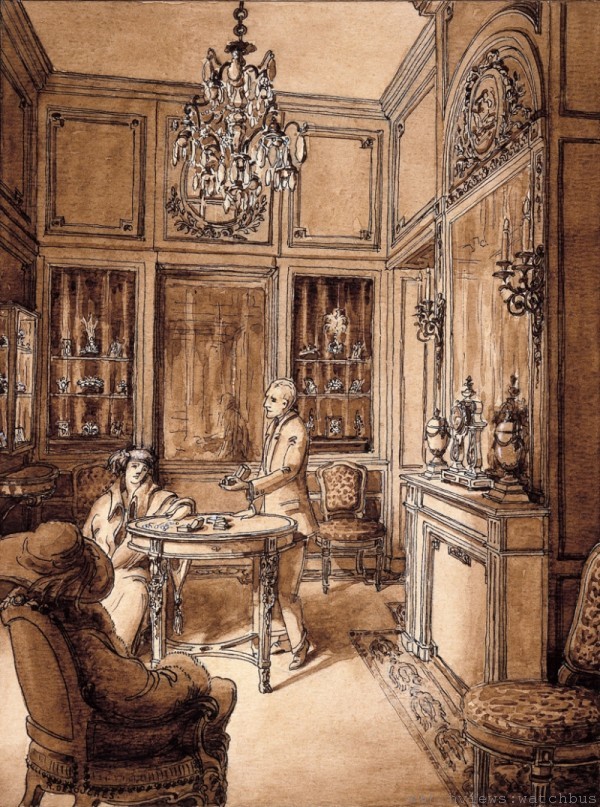 圖為位於和平路13號的巴黎總店，20世紀初的頂級珠寶沙龍一隅。Desouches水彩畫，約1910年。