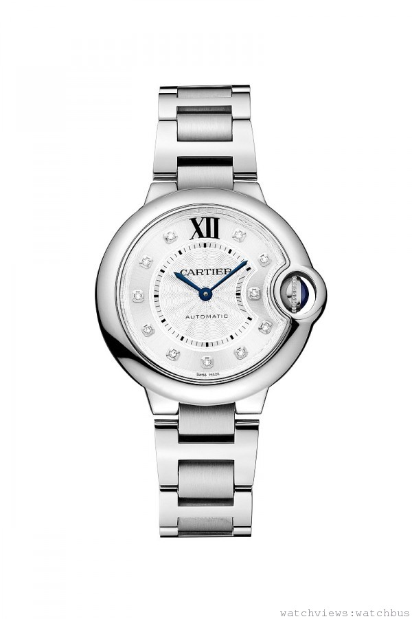 8.卡地亞Ballon Bleu de Cartier腕錶，精鋼錶殼搭載自動機芯，時標鑲嵌11顆鑽石，錶圈直徑33mm，參考價格約$ 218,000。