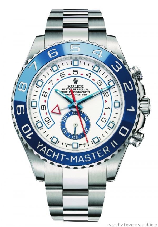 Rolex Yacht-Master II 腕錶，904L 不鏽鋼錶殼，直徑44 毫米，雙向旋轉式Ring Command 外圈， 藍色Cerachrom陶質字圈，數字和刻度填入鉑金，時、分、小秒針、計時碼錶，帆船賽編程倒數及機械記憶功能，4161 型自動上鍊機芯，COSC認證，防水100 米，不鏽鋼鍊帶，型號116680。