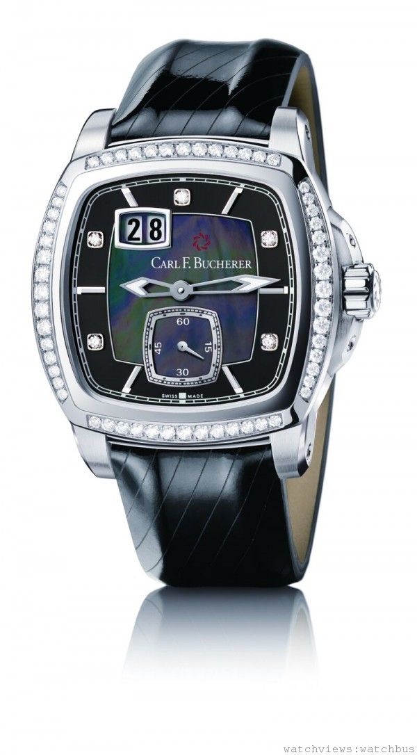EvoTec BigDate日曆腕錶，精鋼錶殼，直徑38.54x39.25毫米，錶圈鑲嵌56顆總重1.1克拉美鑽，黑色大溪地珍珠母貝面盤飾有5顆鑽石刻度，小三針與大日曆窗功能，CFB A1003自動上鍊機芯。