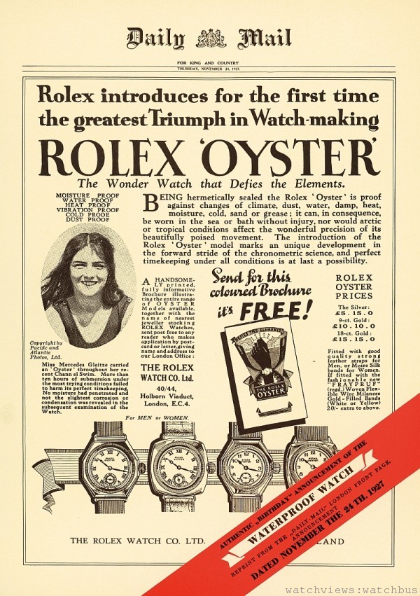 勞力士蠔式錶成功橫渡英吉利海峽的宣傳海報
