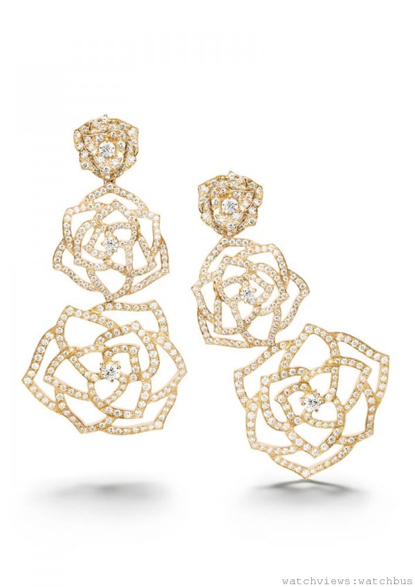 Piaget Rose 蕾絲耳環，18K玫瑰金，鑲飾546顆圓形美鑽 (約重4.11克拉)，G38U0063，台幣建議售價1,050,000。