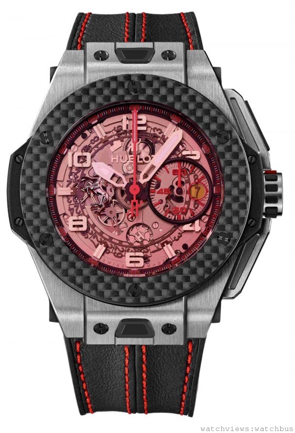 HUBLOT Big Bang法拉利鈦金屬碳纖維，鈦金屬錶殼，碳纖維錶圈，錶徑48.5毫米，時、分、小秒針，日期顯示，計時碼錶功能，HUB1241 UNICO自動上鍊飛返計時機芯，動力儲能72小時，防水100米，黑色天然橡膠錶帶，黑色、暗金色或黑色Schedoni皮錶帶，以紅色縫線縫合，限量1000只。