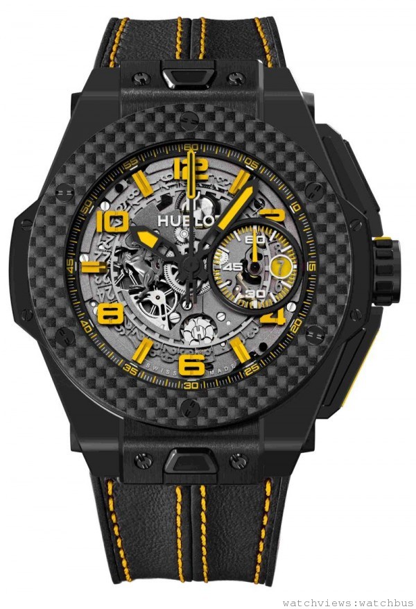 HUBLOT Big Bang法拉利陶瓷碳纖維腕錶，陶瓷錶殼，碳纖維錶圈，錶徑48.5毫米，時、分、小秒針，日期顯示，計時碼錶功能，HUB1241 UNICO自動上鍊飛返計時機芯，動力儲能72小時，防水100米，黑色天然橡膠錶帶，黑色、暗金色或黑色Schedoni皮錶帶，以黃色縫線縫合。 