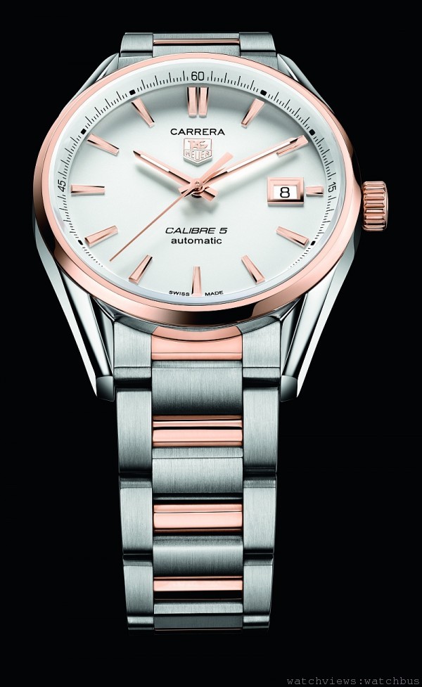 Carrera Caliber 5腕錶(2014新款)，型號WAR215D.BD0784，39mm，18K 5N 玫瑰金錶圈，18K 5N 玫瑰金 & 不銹鋼錶帶，銀色錶盤, 飾有螺旋紋路 & 巴黎釘飾 (clous de Paris)，定價NTD 139,100。