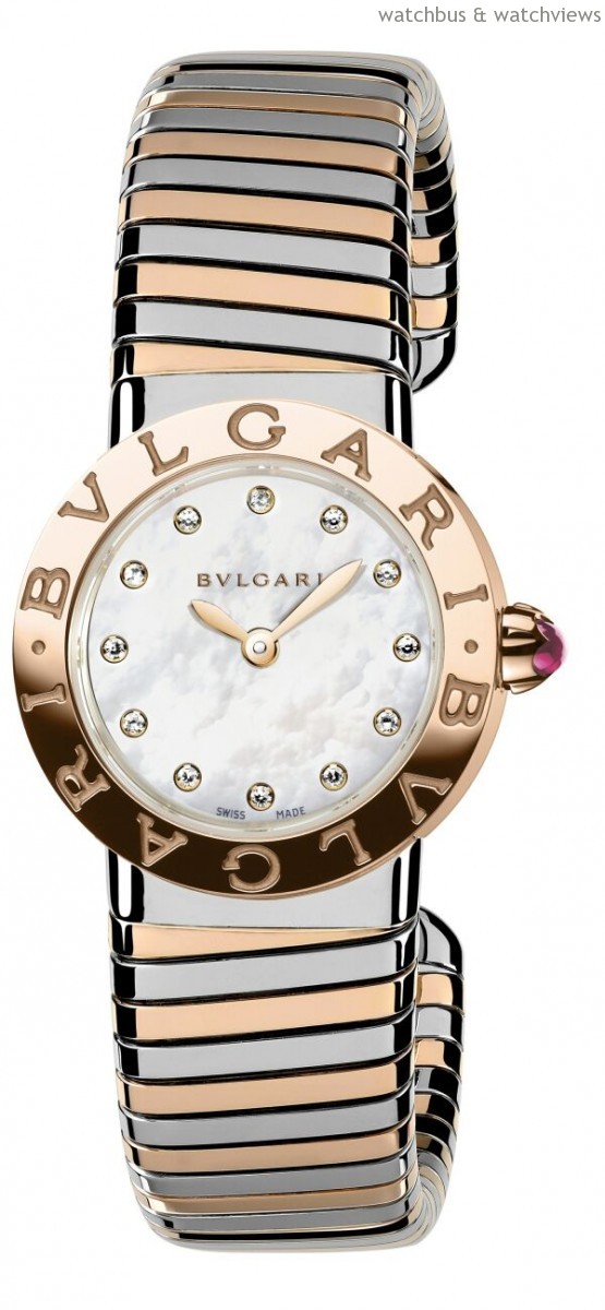 BVLGARI BVLGARI TUBOGAS 手錶，26 mm精鋼與玫瑰金錶圈與錶殼/玫瑰金錶冠，鑲飾粉紅碧璽/白色珍珠母貝面盤鑲嵌 12 顆美鑽時標/玫瑰金與精鋼Tubogas單圈錶鍊/瑞士石英 Calibre B046 機芯，售價TWD 297,200 元。
