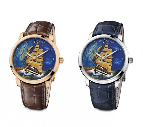 Classico Amerigo Vespucci 鎏金琺瑯腕錶《亞美瑞格‧韋斯普奇號》，18K金錶殼，錶徑40毫米，掐絲琺瑯「Amerigo Vespucci」錶盤，時分顯示，UN-815自動上鍊機芯，瑞士官方天文臺認證 (C.O.S.C.)，動力儲存約 42小時，鱷魚皮真皮錶帶，限量30 枚，型號：8156-111-2/AV，售價：TWD 1,413,000；型號：8150-111-2/AV，售價：TWD 1,523,00。