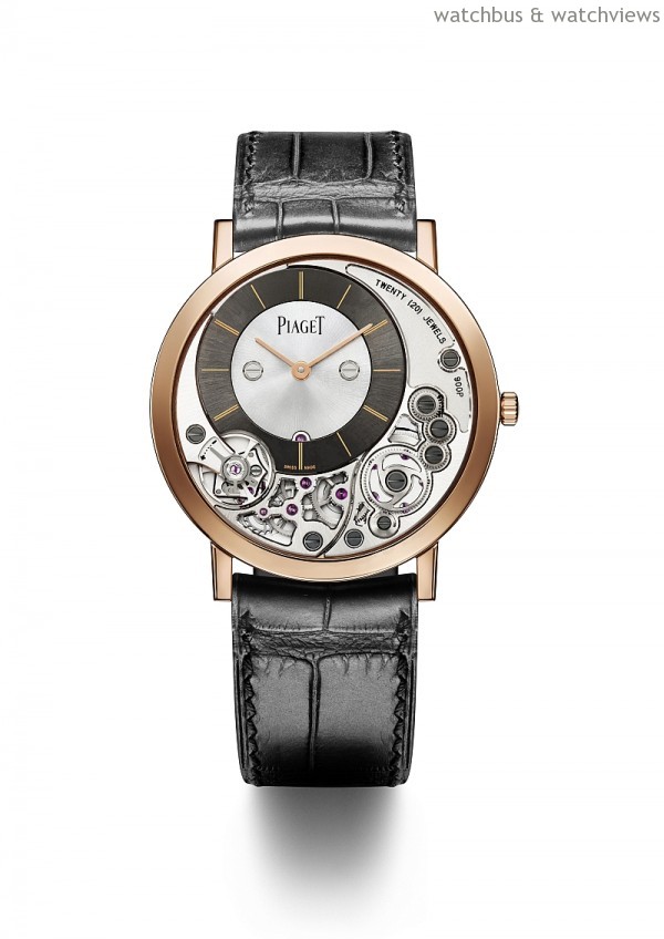 Piaget Altiplano 900P 腕錶，18K 玫瑰金錶殼，錶徑38 毫米，厚度3.65 毫米，偏心時、分指示，伯爵900P 超薄手上鍊機芯，灰色鱷魚皮錶帶，型號Ref. G0A39110。
