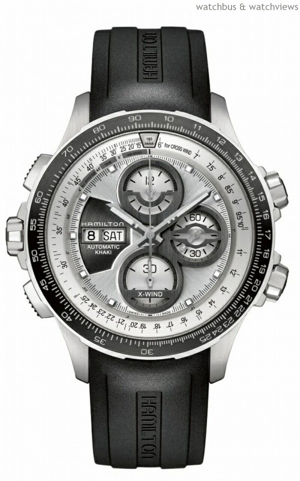 Khaki X-Wind限量版腕錶，不鏽鋼錶殼，錶徑45毫米，時、分、小秒針，星期、日期顯示，偏流角計算 功能，計時碼錶功能，H-21自動上鍊機 芯，動力儲能60小時，防水100米，橡膠錶帶，四款型號每款限量1,999只。