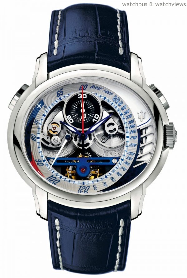 千禧MC12陀飛輪計時碼錶，型號 26069PT.OO.D028CR.01 ，950鉑金錶殼，錶徑47毫米，時分顯示 、計時碼錶 、陀飛輪、動力儲存顯示，透明錶盤展露機芯，碳製30分鐘計時器位於12點鐘位置，藍色與珍珠白色錶面與馬莎拉蒂MC12跑車顏色完全相同，鑲貼18K金馬莎拉蒂三叉戟標誌 ，Cal.2884手動上鍊雙發條盒陀飛輪機芯，碳製機板、陽極去氧化（elox）鋁製橋板，藍色鱷魚皮錶帶，限量發行150只 。