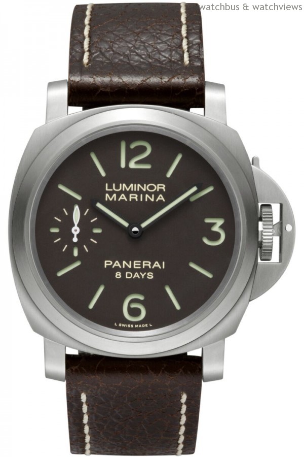 Luminor Marina 8 Days Titanio44 毫米8 日動力儲存鈦金屬腕錶，型號PAM00564，磨砂鈦金屬錶殼，錶徑44毫米，時、分、小秒針，P.5000 手上鍊機芯，8 日動力儲存，皮革錶帶，另附備用錶帶，防水300 米。