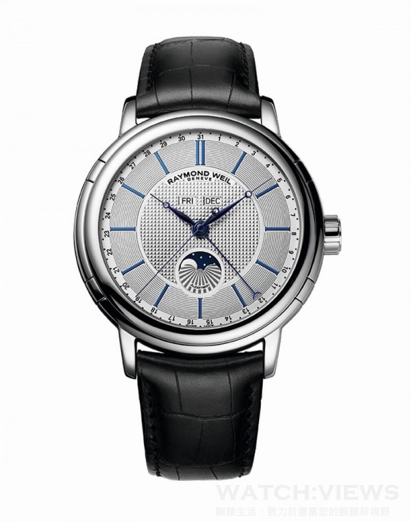蕾蒙威Raymond Weil經典大師Maestro全新腕錶，型號2869 STC 65001，不鏽鋼錶殼，直徑44毫米，時、分、秒針、日曆、月相顯示，RW4540自動上鍊機芯，動力儲存 38小時，防水50米。