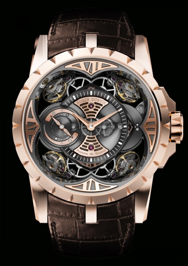 Excalibur Quatuor 玫瑰金腕錶，玫瑰金錶殼，時、分、動力儲存顯示，RD101機芯，四個擺輪，鱷魚皮錶帶。