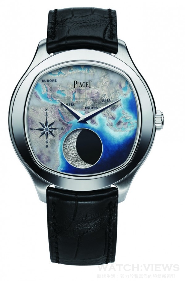 Emperador Coussin Moonphase大月相腕錶，18K白金錶殼，錶徑46.5毫米，時、分、月相顯示，860P自動上鍊機芯，藍寶石水晶玻璃鏡面及後底蓋，鱷魚皮錶帶，洽詢電話：(02) 2719-0605。