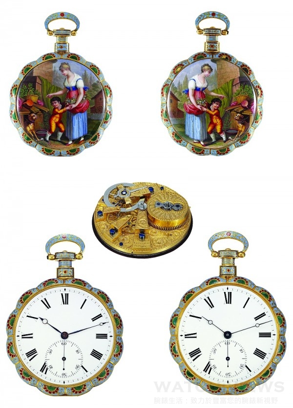 播威古董大八件懷錶 1824年，Bovet開始針對華人口味生產特別的懷錶，其中許多是被稱為「大八件」的懷錶，所謂大八件懷錶乃因機芯由八個部件組成而得名。此類機芯通常雕有細緻的藤蔓紋飾，並施有鎏金處理；琺瑯面盤上燒細羅馬數字時標，而錶蓋裝飾著極為精美華麗的琺瑯彩繪。