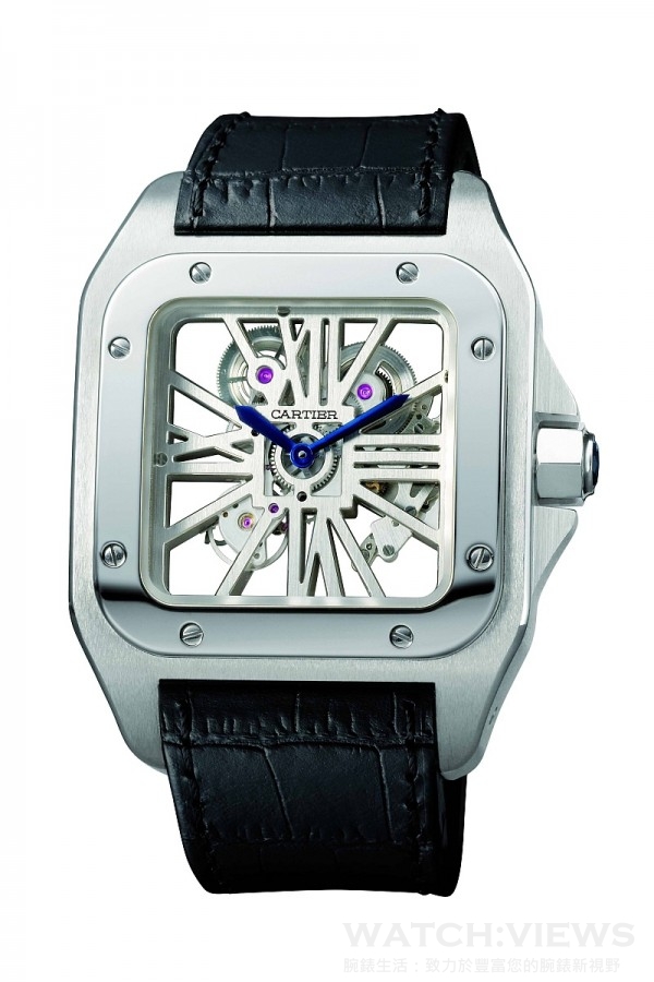 Cartier卡地亞Santos 100 鏤空腕錶18K白金版本，搭載9611 MC型機芯，建議售價NT$1,980,000。