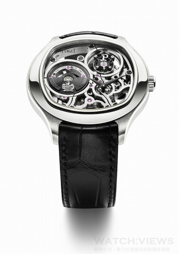  Piaget Emperador Coussin 鏤空陀飛輪腕錶，18K白金錶殼，錶徑46.5毫米，時、分指示、陀飛輪設於1時位置，伯爵製1270S自動上鍊機械機芯，動力儲存約40小時 ，黑色或棕色鱷魚皮錶帶。