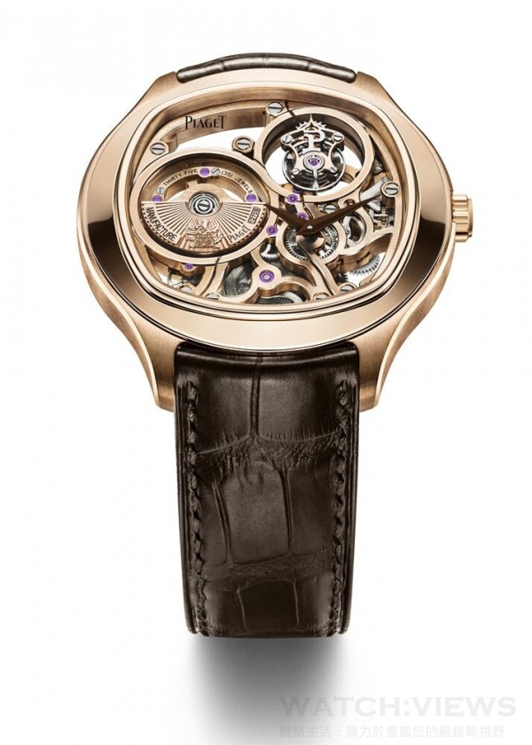  Piaget Emperador Coussin 鏤空陀飛輪腕錶，18K玫瑰金錶殼，錶徑46.5毫米，時、分指示、陀飛輪設於1時位置，伯爵製1270S自動上鍊機械機芯，動力儲存約40小時 ，黑色或棕色鱷魚皮錶帶。