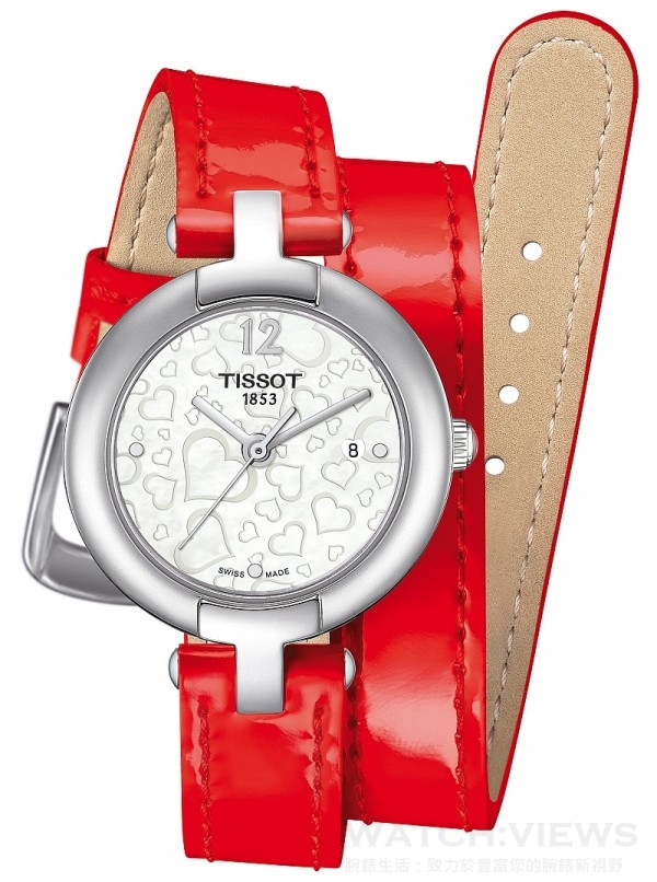 Pinky By Tissot粉紅佳人腕錶情人節特別款，瑞士製造石英機芯 ，316L精鋼錶殼，抗磨損藍寶石水晶鏡面，防水深度達30米，皮革錶帶搭載標準錶扣，建議售價NT$ 8700。