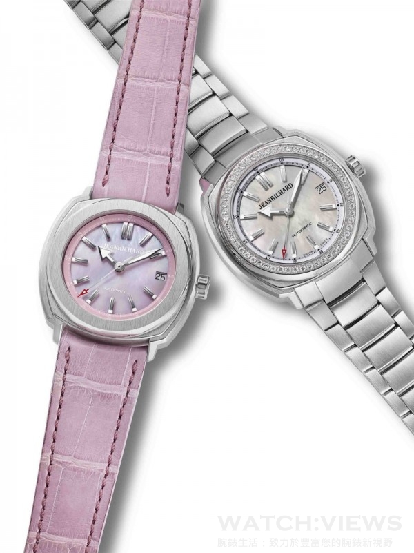尚維沙Terrascope 39毫米女士腕表，左為精鋼表殼搭配粉紅色鱷魚皮帶、右為精鋼鑲鑽錶殼搭配鍊帶款式。