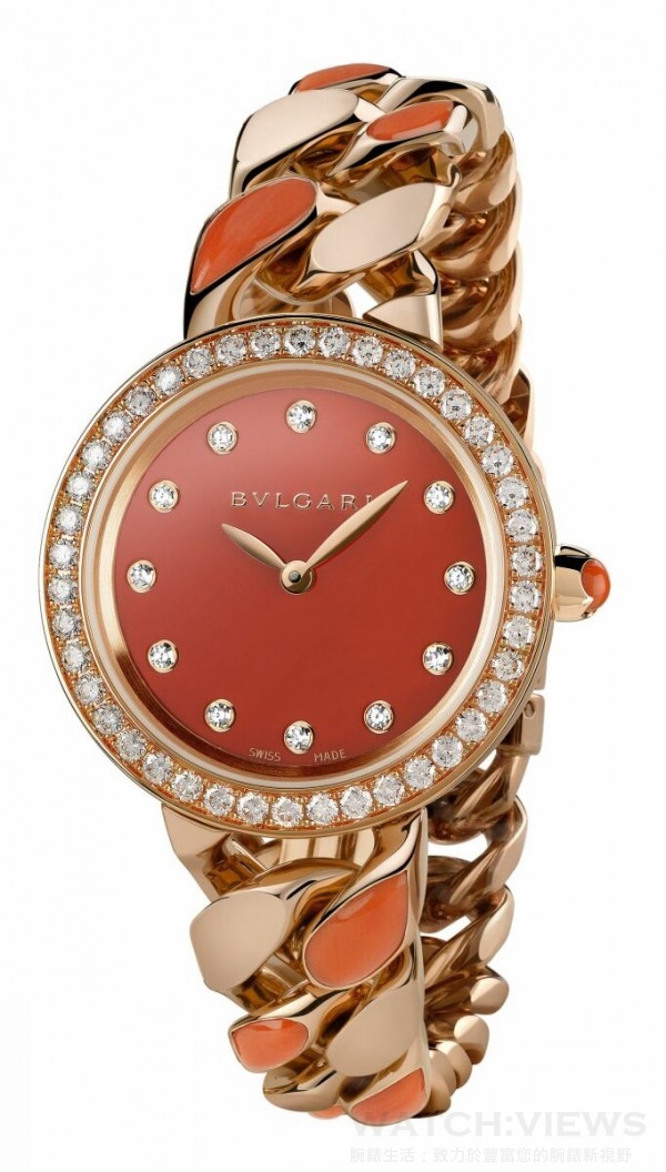 寶格麗BVLGARI BVLGARI Catene珊瑚紅玫瑰金鑲鑽鍊帶腕錶 ，售價約台幣1,271,000元。