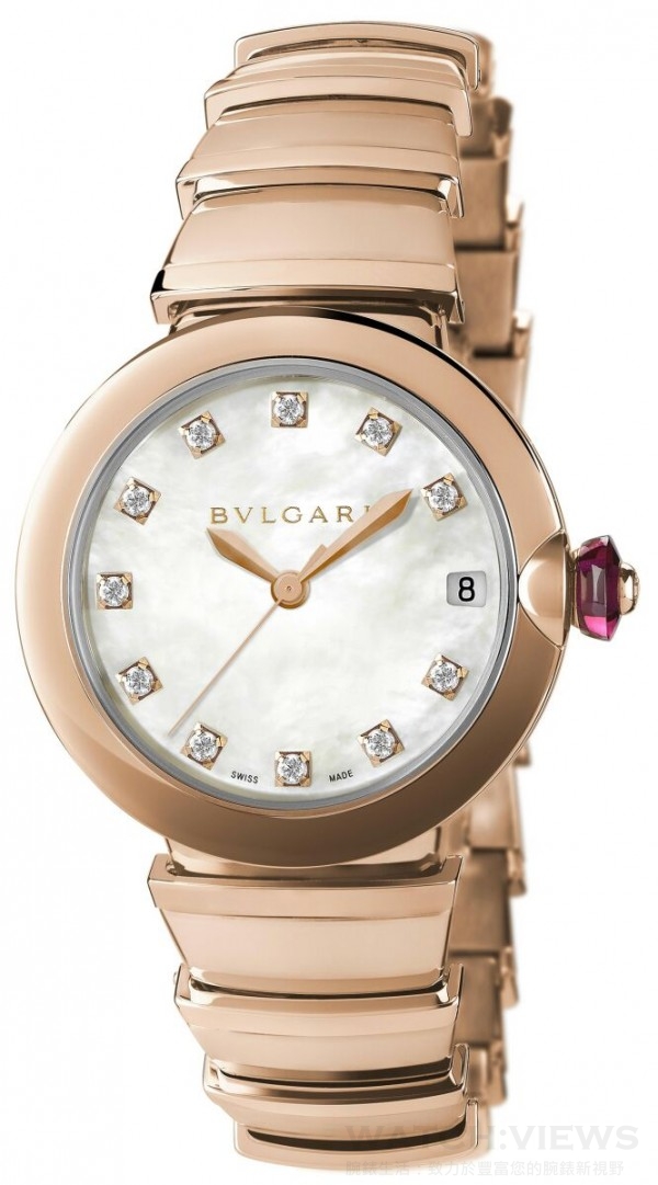 寶格麗LVCEA珍珠母貝玫瑰金腕錶(33mm)，售價約台幣863,000元。
