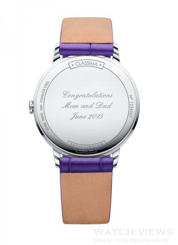 克萊斯麥系列女裝精鋼腕錶Ref.10224，結合鐫刻於錶背的個性化訊息，讓此枚腕錶成為每位女性人生重要時刻的優雅見證。
