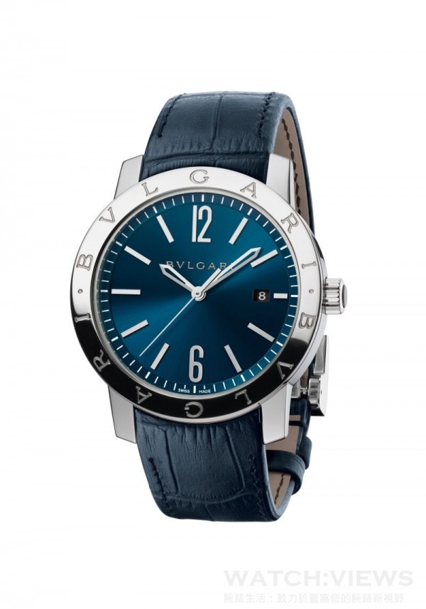 BVLGARI BVLGARI自動腕錶，錶徑41 mm，精鋼錶殼，透明底蓋；搭載寶格麗BVL 191-Solotempo自動上鍊機械機芯，機芯飾以日內瓦波紋、倒角打磨和蝸形紋，42小時動力儲存；時、分與秒針指示，3 點鐘位置日期視窗顯示；精鋼錶冠鑲飾黑色陶瓷；寶藍色面盤，搭配藍色鱷魚皮錶帶。參考售價：約新台幣200,000元。