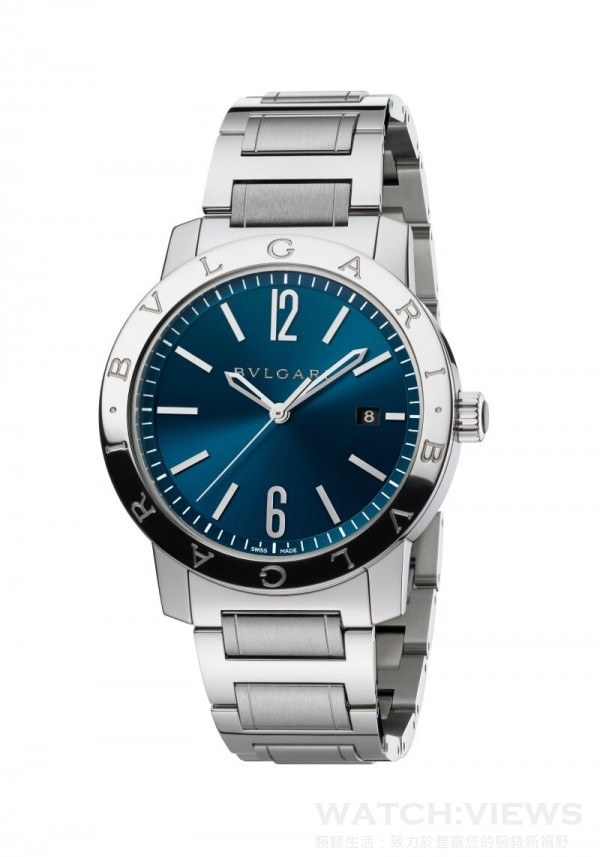 BVLGARI BVLGARI自動腕錶，錶徑41 mm，精鋼錶殼，透明底蓋；搭載寶格麗BVL 191-Solotempo自動上鍊機械機芯，機芯飾以日內瓦波紋、倒角打磨和蝸形紋，42小時動力儲存；時、分與秒針指示，3 點鐘位置日期視窗顯示；精鋼錶冠鑲飾黑色陶瓷；寶藍色面盤，搭配精鋼鍊帶錶帶。參考售價：約新台幣220,800元。
