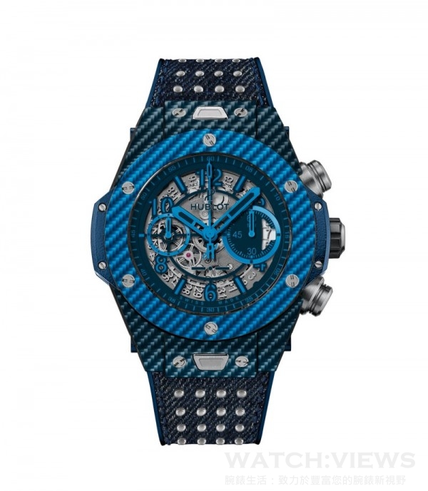Big Bang Unico Italia Independent，Texalium® 材質錶殼，直徑45毫米，6顆H型鈦金屬螺絲，炭灰色塗層鏤空錶盤，藍寶石水晶鏡面覆防反光塗層，灰色或藍色宇舶錶標誌與 Italia Independent 標誌，藍色合成樹脂錶耳及錶側，鈦金屬錶冠與按鈕，炭灰色塗層HUB1242 UNICO自動上鏈飛返計時機芯，動力儲存72小時，防水100米，藍色單寧材質錶帶鑲嵌黑色橡膠，點綴鈦金屬鉚釘，"One Click" 單鍵替換功能，碳纖維折疊式錶扣，限量500只。