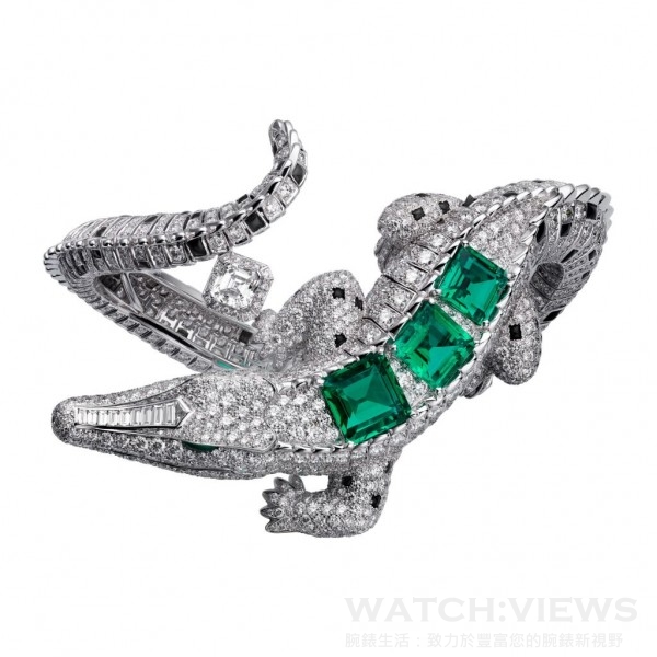Cartier Royal頂級珠寶系列 鱷魚造型祖母綠手環，白K金鑲嵌鑽石、3顆方形哥倫比亞祖母綠共7.56克拉、祖母綠眼、黑曜岩。