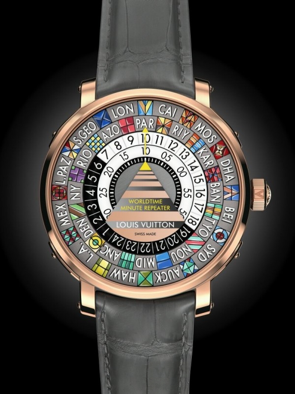 Escale Worldtime Minute Repeater世界時三問報時腕錶，18K玫瑰金錶殼（錶圈，錶耳與錶冠），鈦金（錶殼中間），直徑44毫米，由La Fabrique du Temps高級製表工坊技師手繪的彩色城市圓盤，通過圓盤顯示世界時、三問報時，La Fabrique du Temps高級製錶工坊獨立研發並安裝的LV235手動上弦機械機芯，100小時動力儲備，防水30米，灰色鱷魚皮錶帶。