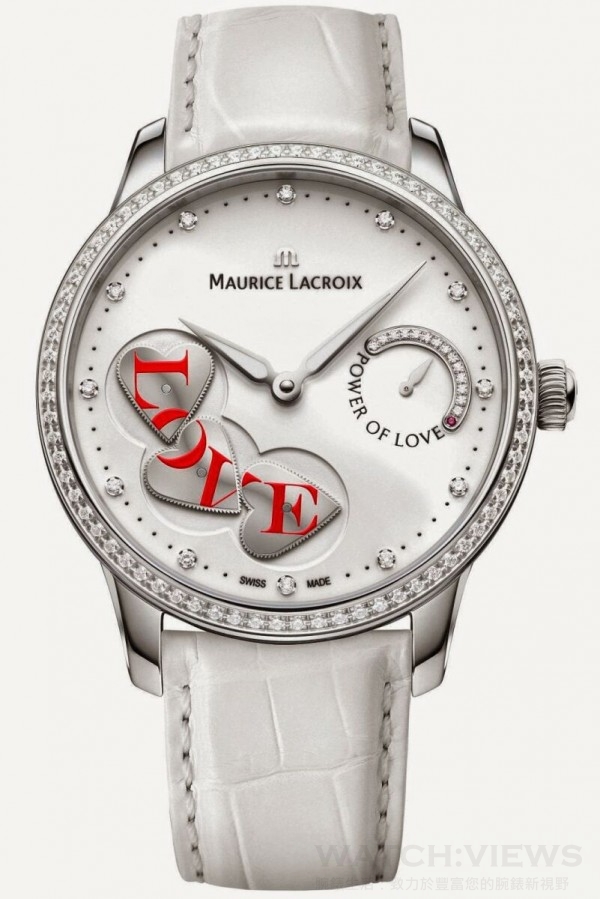Masterpiece Power of Love腕錶，不鏽鋼錶殼，直徑43毫米，ML256自製機芯，白色塗漆錶盤，鍍銠指針，鎳磷愛心形齒輪，，秒鐘指示愛心形齒輪每分鐘構成「LOVE」一次。