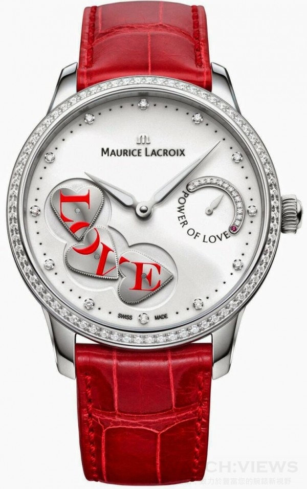 Masterpiece Power of Love腕錶，不鏽鋼錶殼，直徑43毫米，ML256自製機芯，白色塗漆錶盤，鍍銠指針，鎳磷愛心形齒輪，，秒鐘指示愛心形齒輪每分鐘構成「LOVE」一次，純正紅色鱷魚皮錶帶搭載摺疊扣，限量發行88只。