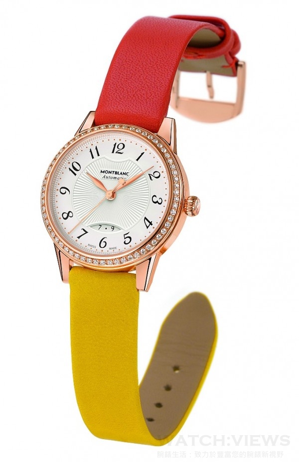 萬寶龍寶曦系列玫瑰金鑲鑽自動女仕腕錶，雙色錶帶款，NT$338,300。
