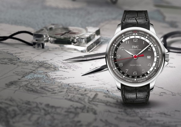 Portugieser Yacht Club Worldtimer葡萄牙系列航海精英世界時間腕錶，型號 IW326602，不鏽鋼錶殼，錶徑45.4毫米，岩灰色錶盤，時、分、秒、日期、24小時世界時間顯示，35750自動上鍊機芯，動力儲能42小時，錶背有特殊印製玻璃圖案展現24個時區地理分佈，防水60米，鱷魚皮內襯黑色橡膠錶帶和摺疊式錶扣，限量500只。