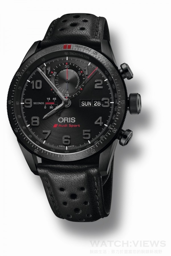Oris Audi Sport II限量錶，型號778 7661 7784 LS, 黑DLC塗層多片式鈦合金錶殼，錶徑44毫米，時、分、Oris開發的特殊線性小秒針、日期、計時碼錶，Oris自動上鍊機芯778，獨特鐫刻和限量編號之黑色DLC塗層鈦金屬錶背，防水100米，黑色皮革錶帶搭配黑色DLC塗層鈦金屬摺疊錶扣，全球限量2000只。