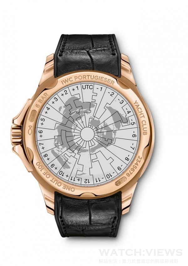 Portugieser Yacht Club Worldtimer葡萄牙系列航海精英世界時間腕錶的錶背有特殊印製玻璃圖案展現24個時區地理分佈。