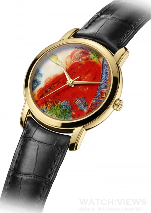 「Métiers d’Art Chagall & l’Opéra de Paris夏卡爾與巴黎歌劇院」腕錶系列 - 向拉威爾及其作《達夫尼與克羅伊》致敬，型號86090/000J-9784，18K黃金錶殼，錶徑40毫米，高溫明火琺瑯微繪工藝，腕錶錶盤的圖案靈感攫取自馬克‧夏卡爾（Marc Chagall）創作的加尼葉歌劇院穹頂上永恆不朽的裝飾壁畫，小時，分鐘，中央秒針，由江詩丹頓自行研製而成，鑄有「日內瓦印記」，動力儲備約40小時，防水30米，黑色手工製作方紋鱷魚皮錶帶，全球限量一只，僅於江詩丹頓專賣店販售。