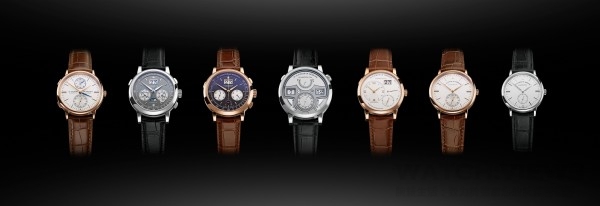 朗格最新系列腕錶（左至右）：  SAXONIA DUAL TIME、DATOGRAPH PERPETUAL、DATOGRAPH UP/DOWN、ZEITWERK MINUTE REPEATER、LANGE 1、SAXONIA AUTOMATIC及SAXONIA。